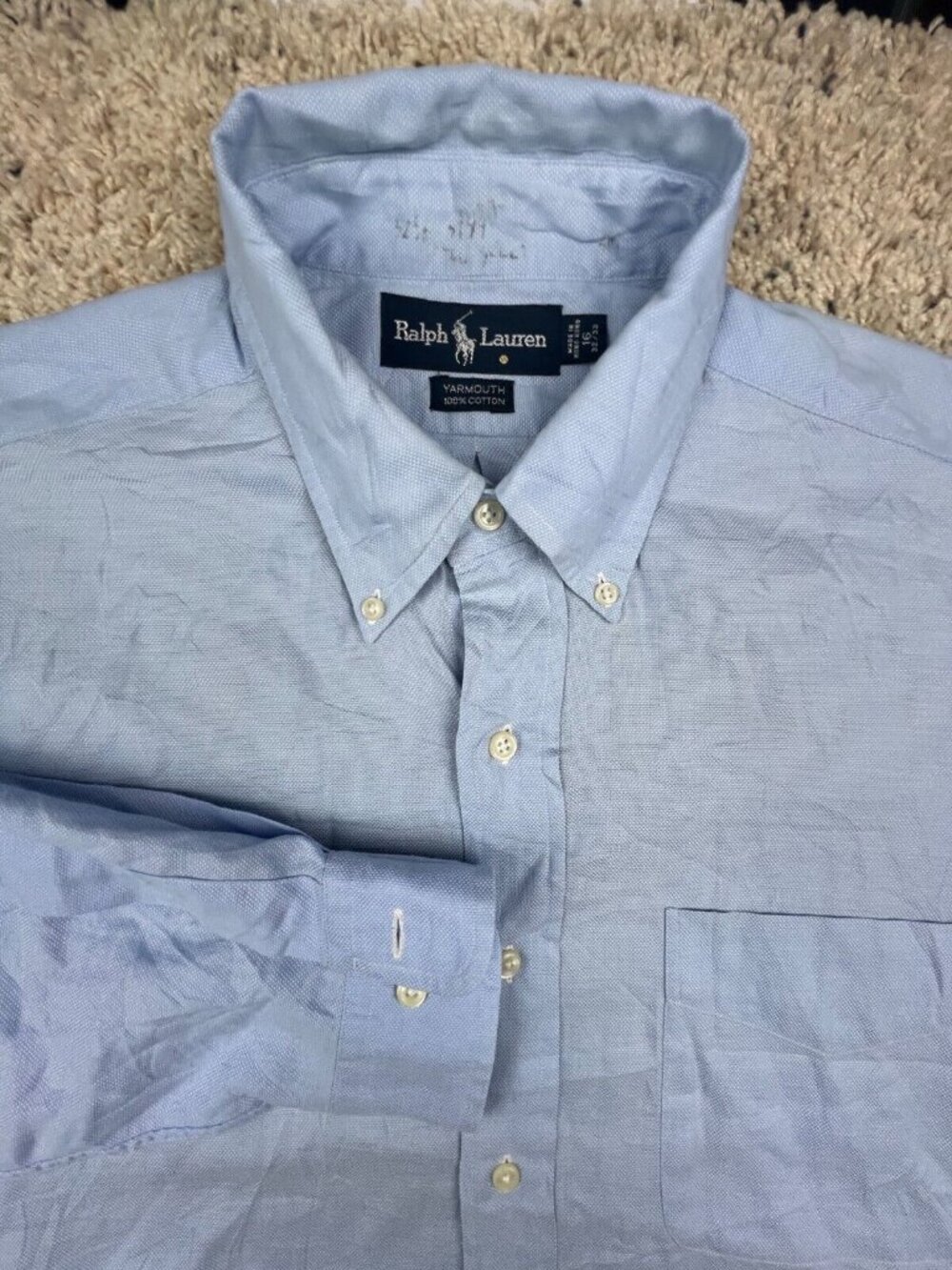 Ralph Lauren Yarmouth Button Up Dress Shirt Long Sleeve Blue Cotton 16 32/33